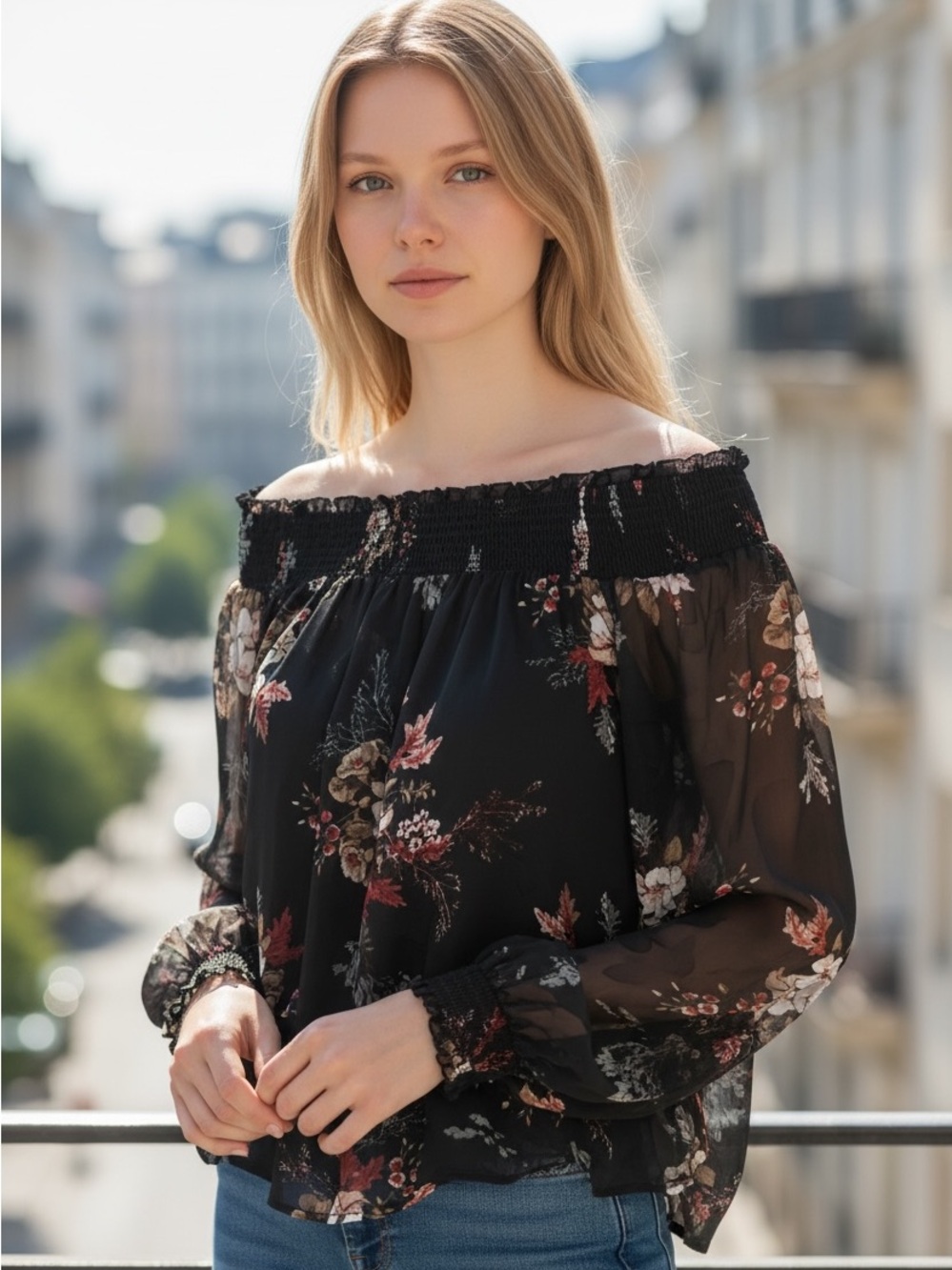 White House Black Market Black Floral Off-Shoulder Blouse